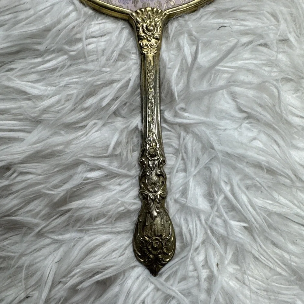 Antique Art Nouveau Handheld Vanity Mirror w/ Floral Brass‎ Design Mid Century